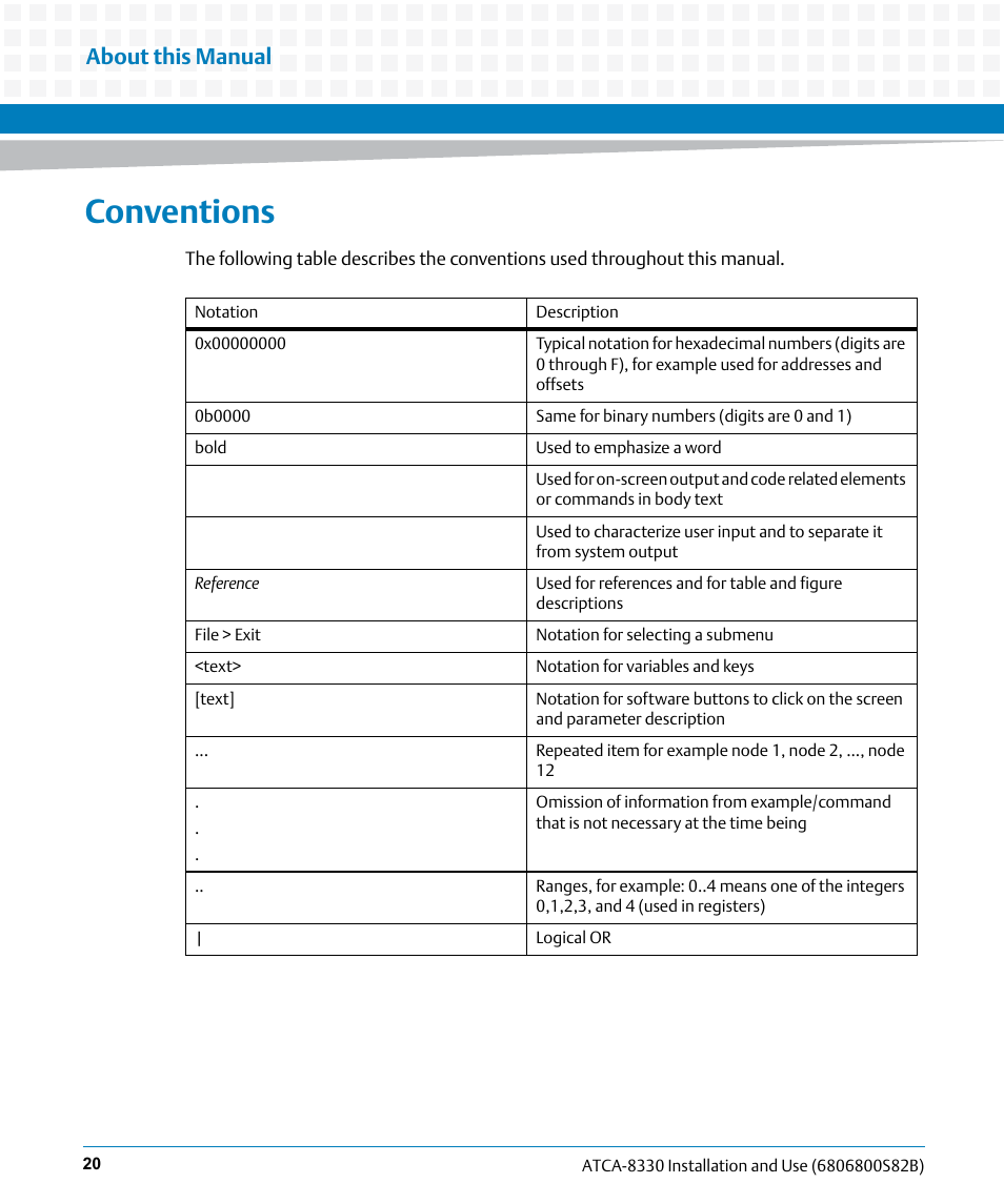 Conventions, About this manual | Artesyn ATCA-8330 Installation and Use (April 2015) User Manual | Page 20 / 236