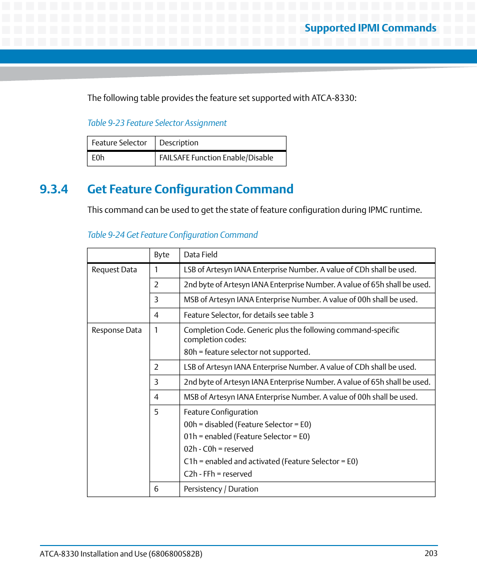 4 get feature configuration command, Table 9-23, Feature selector assignment | Table 9-24, Get feature configuration command, Supported ipmi commands | Artesyn ATCA-8330 Installation and Use (April 2015) User Manual | Page 203 / 236