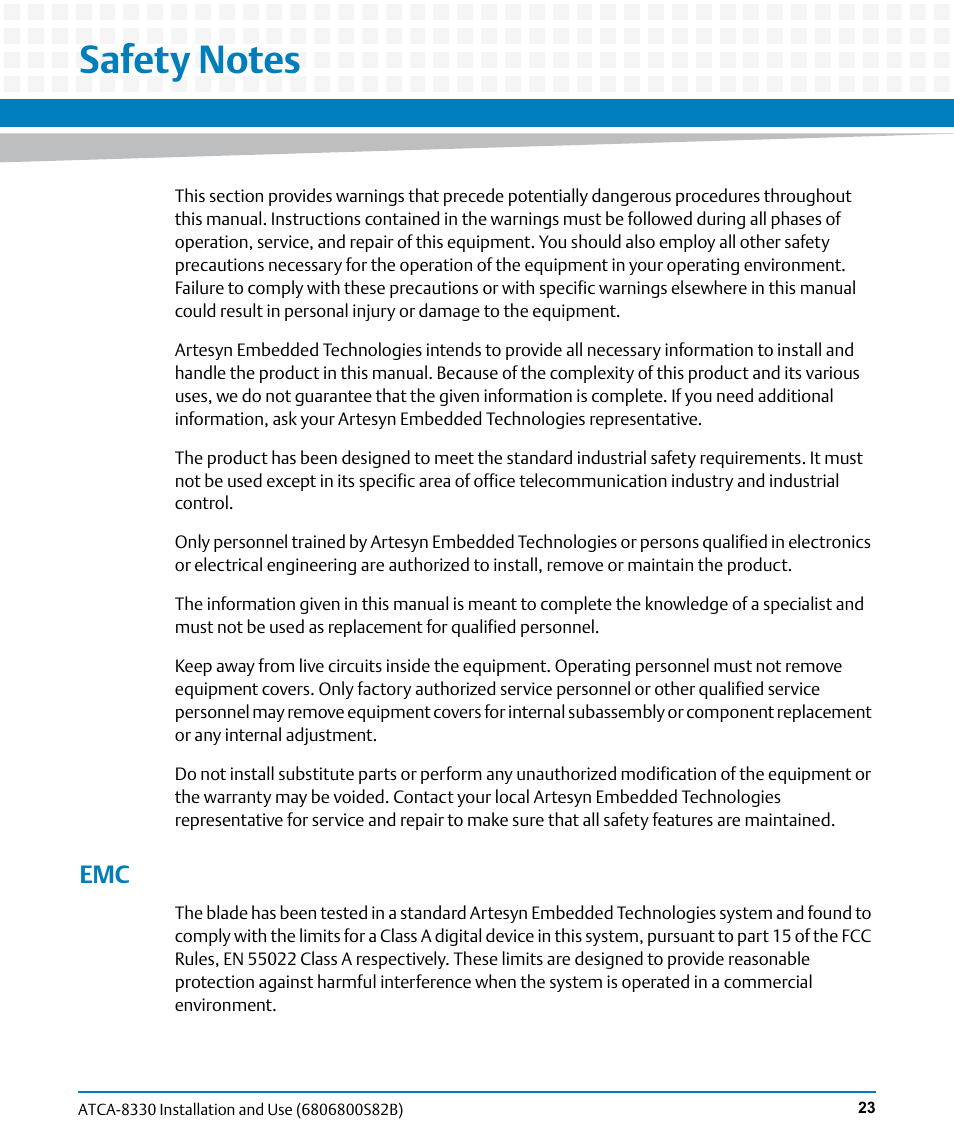 Safety notes | Artesyn ATCA-8330 Installation and Use (April 2015) User Manual | Page 23 / 236