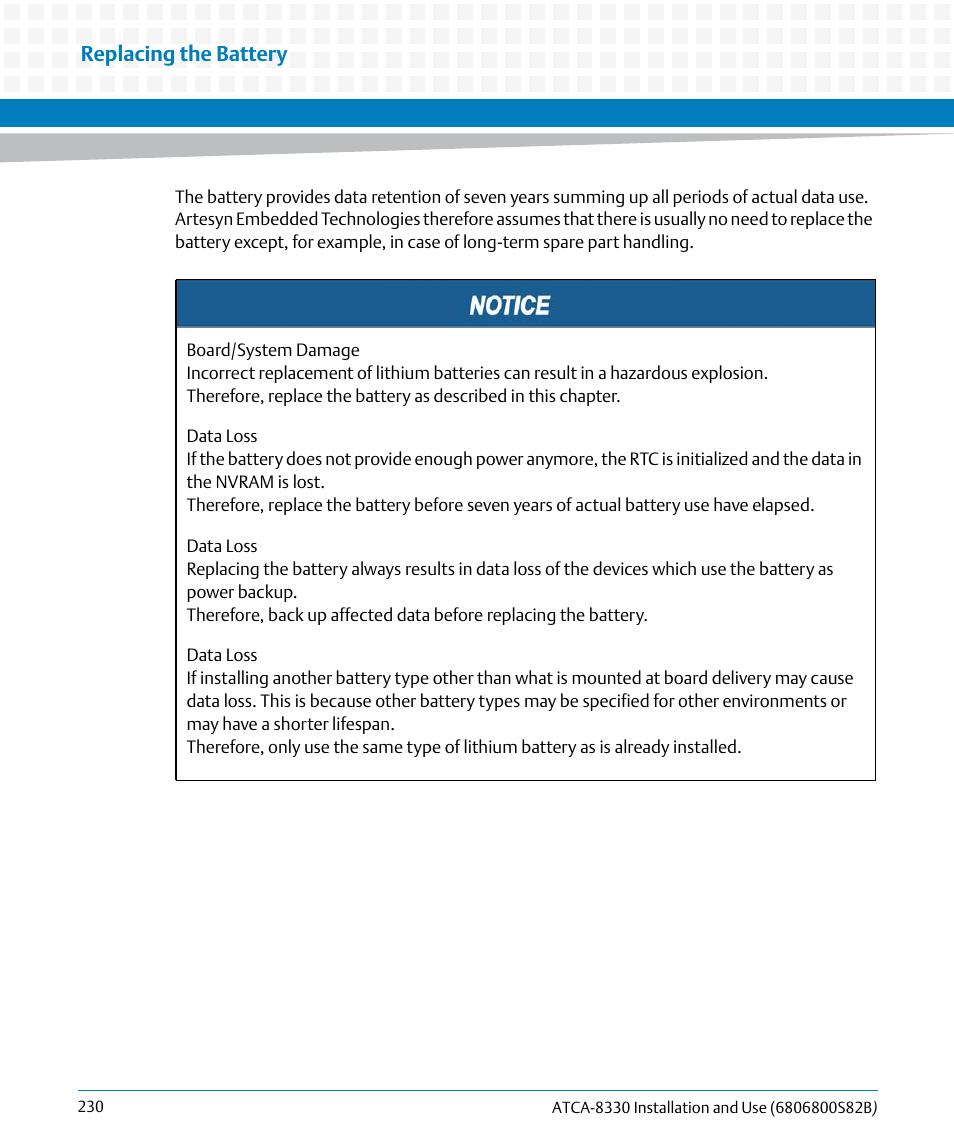 Replacing the battery | Artesyn ATCA-8330 Installation and Use (April 2015) User Manual | Page 230 / 236