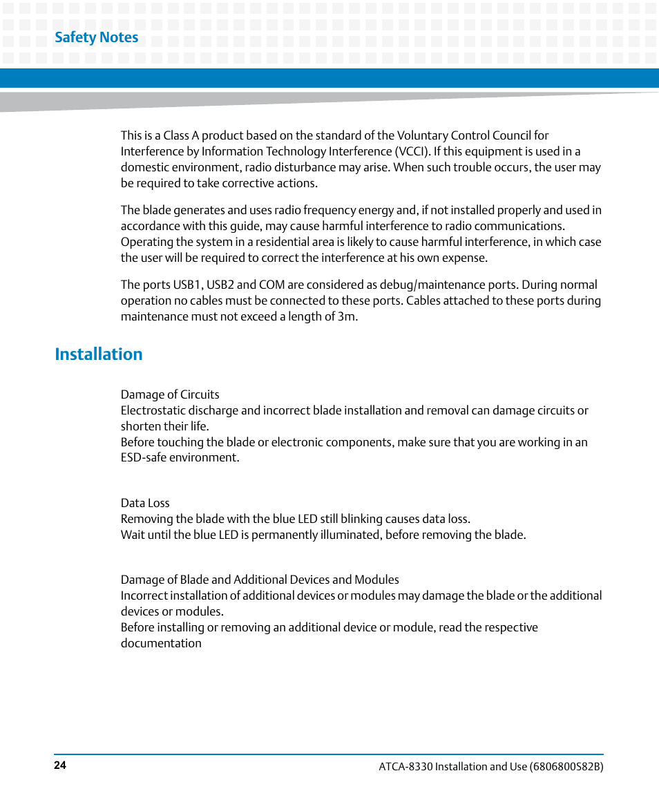 Installation | Artesyn ATCA-8330 Installation and Use (April 2015) User Manual | Page 24 / 236