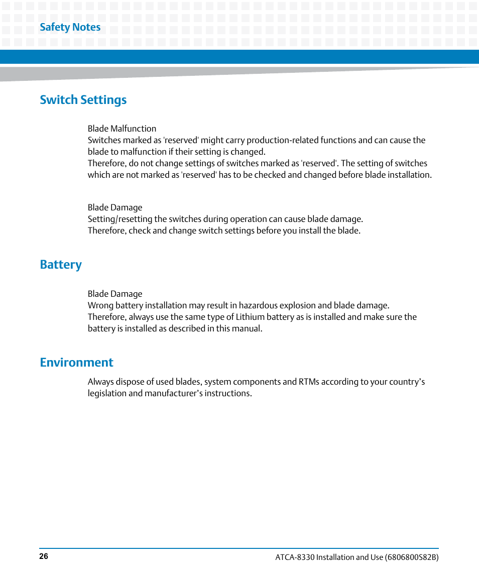 Switch settings, Battery, Environment | Artesyn ATCA-8330 Installation and Use (April 2015) User Manual | Page 26 / 236