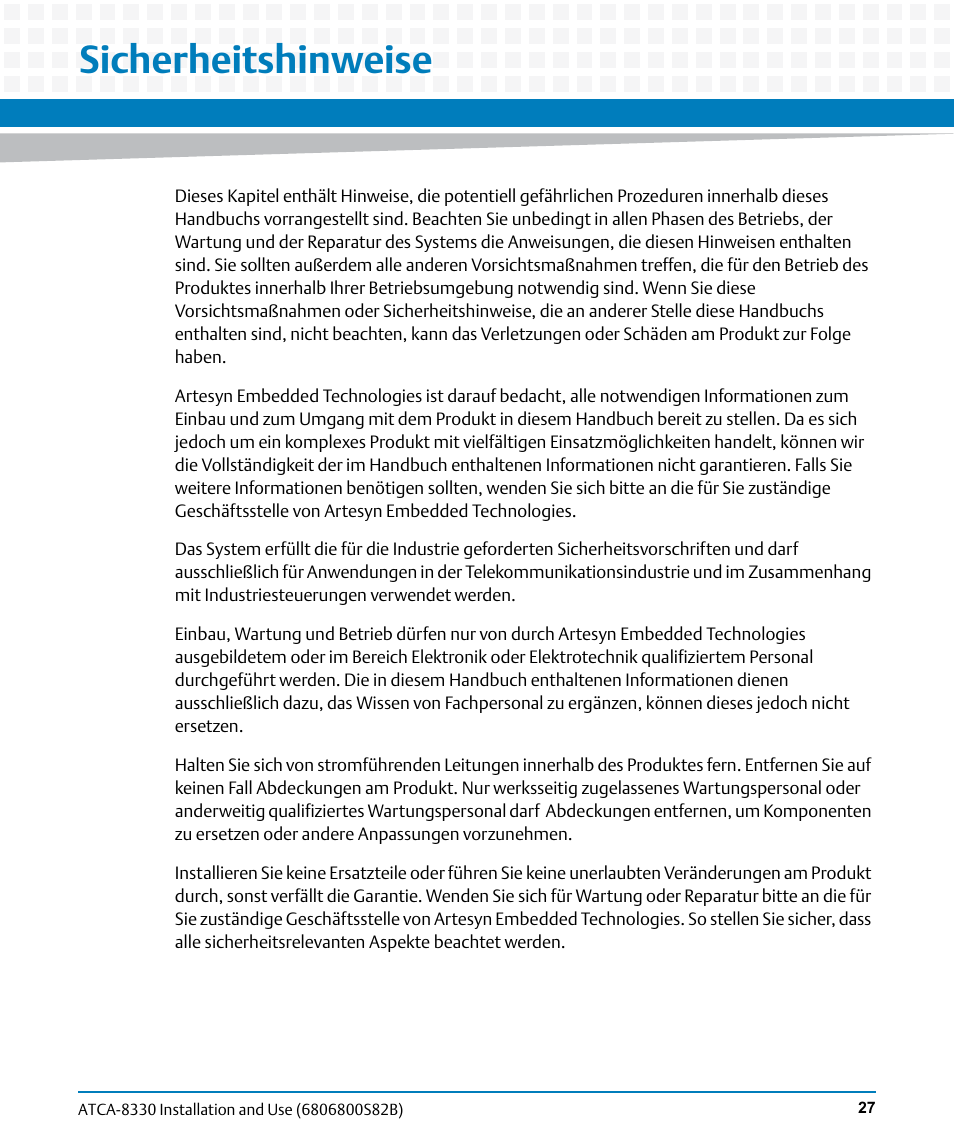 Sicherheitshinweise | Artesyn ATCA-8330 Installation and Use (April 2015) User Manual | Page 27 / 236