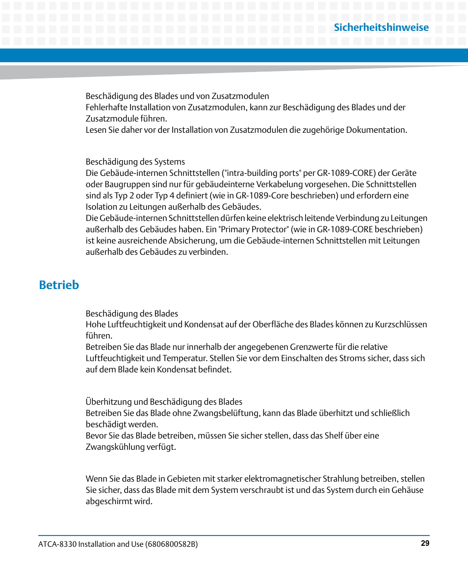 Betrieb, Sicherheitshinweise | Artesyn ATCA-8330 Installation and Use (April 2015) User Manual | Page 29 / 236