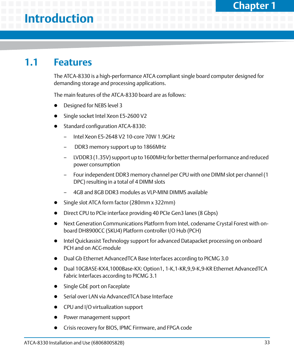 Introduction, 1 features, Chapter 1 | Artesyn ATCA-8330 Installation and Use (April 2015) User Manual | Page 33 / 236