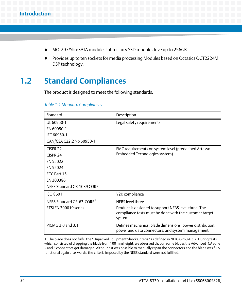 2 standard compliances, Table 1-1, Standard compliances | Introduction | Artesyn ATCA-8330 Installation and Use (April 2015) User Manual | Page 34 / 236