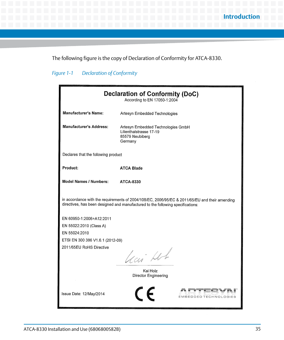 Figure 1-1, Declaration of conformity, Introduction | Artesyn ATCA-8330 Installation and Use (April 2015) User Manual | Page 35 / 236