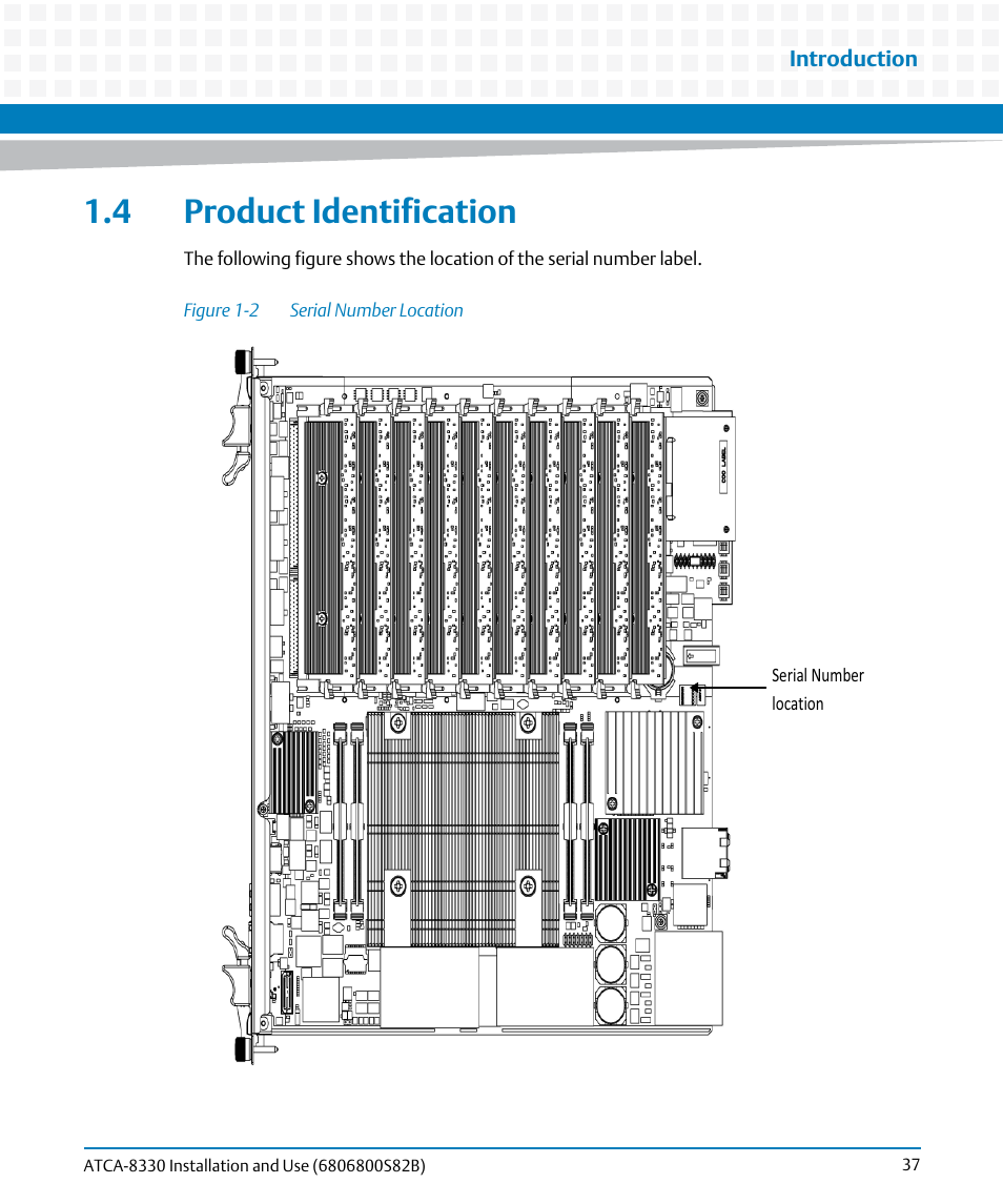 4 product identification, Figure 1-2, Serial number location | Artesyn ATCA-8330 Installation and Use (April 2015) User Manual | Page 37 / 236