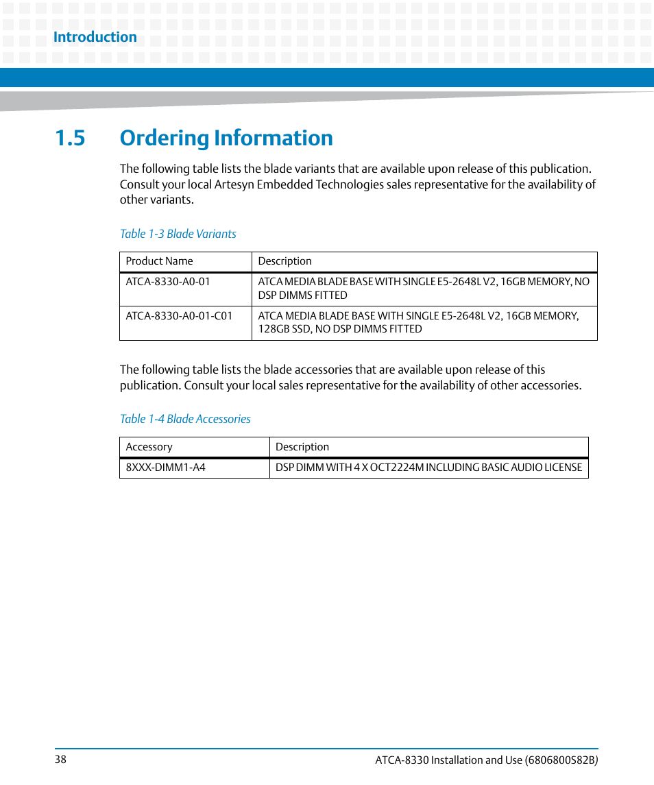 5 ordering information, Table 1-3, Blade variants | Table 1-4, Blade accessories, Introduction | Artesyn ATCA-8330 Installation and Use (April 2015) User Manual | Page 38 / 236