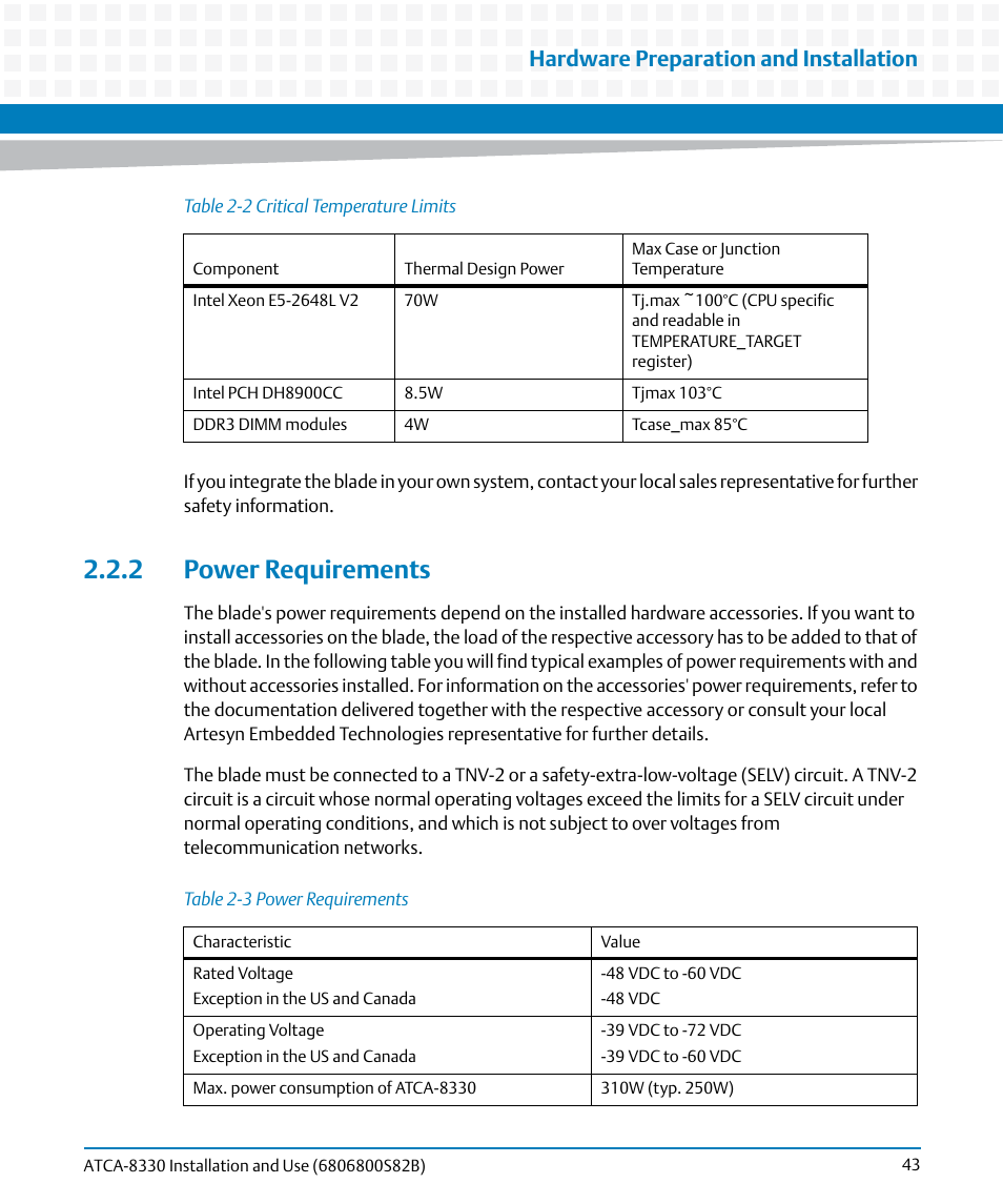 2 power requirements, Table 2-2, Critical temperature limits | Table 2-3, Power requirements, Hardware preparation and installation | Artesyn ATCA-8330 Installation and Use (April 2015) User Manual | Page 43 / 236