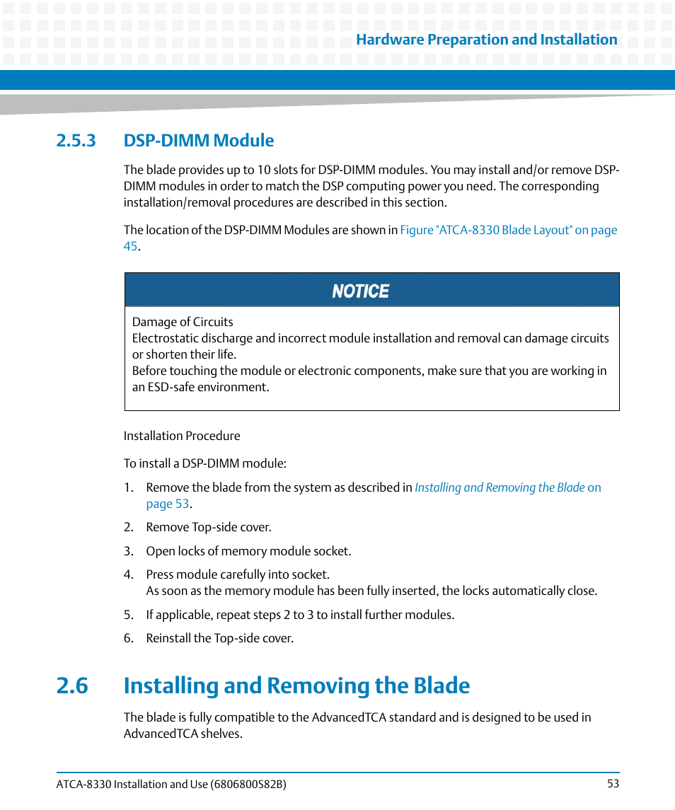 3 dsp-dimm module, 6 installing and removing the blade, Installing and removing the blade | Scribed in | Artesyn ATCA-8330 Installation and Use (April 2015) User Manual | Page 53 / 236