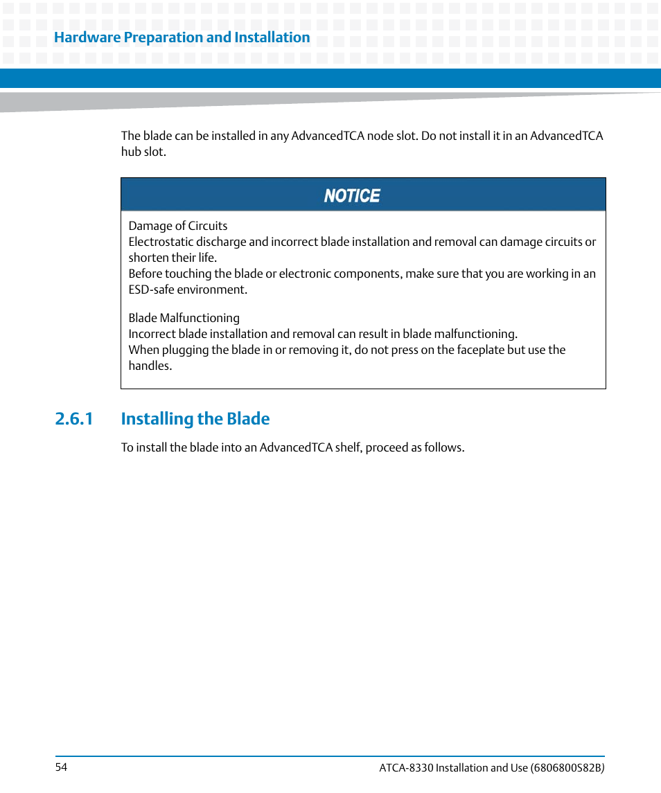 1 installing the blade | Artesyn ATCA-8330 Installation and Use (April 2015) User Manual | Page 54 / 236
