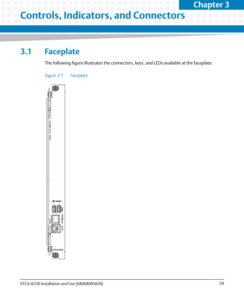 Controls, indicators, and connectors, 1 faceplate, Figure 3-1 | Faceplate, Chapter 3 | Artesyn ATCA-8330 Installation and Use (April 2015) User Manual | Page 59 / 236