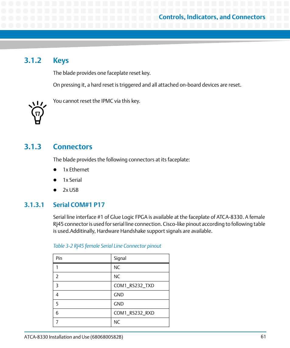 2 keys, 3 connectors, 1 serial com#1 p17 | 2 keys 3.1.3 connectors, Table 3-2, Rj45 female serial line connector pinout, Controls, indicators, and connectors | Artesyn ATCA-8330 Installation and Use (April 2015) User Manual | Page 61 / 236
