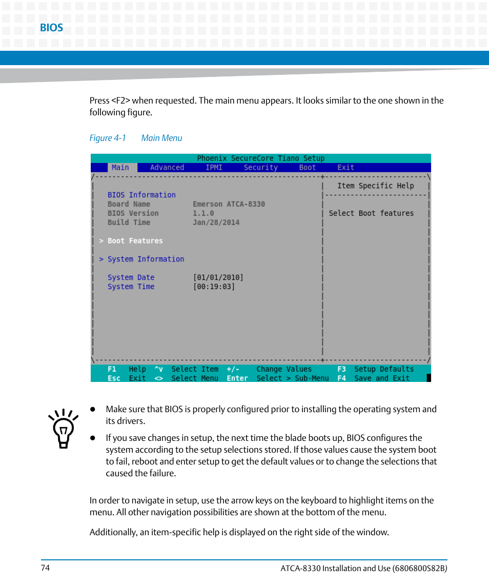 Figure 4-1, Main menu, Bios | Artesyn ATCA-8330 Installation and Use (April 2015) User Manual | Page 74 / 236
