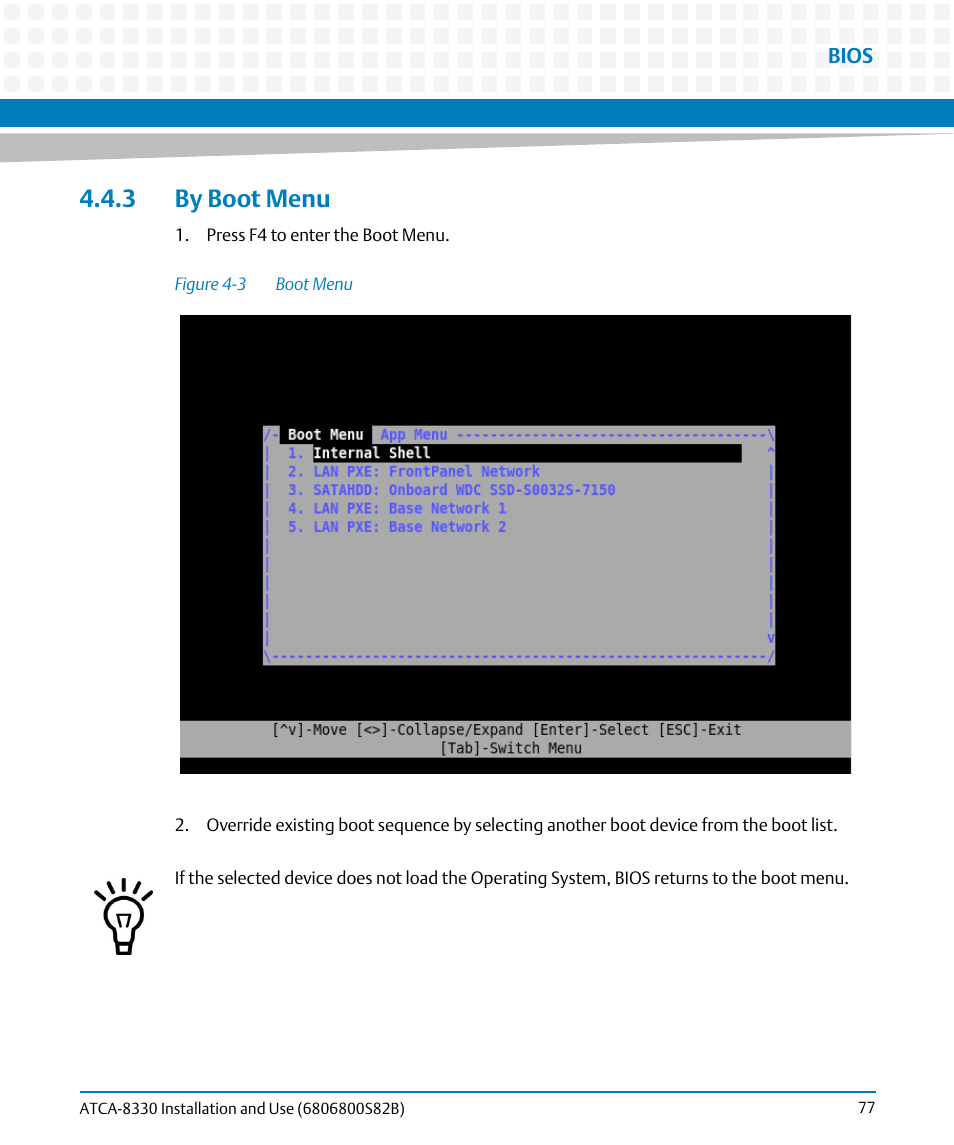3 by boot menu, Figure 4-3, Boot menu | Artesyn ATCA-8330 Installation and Use (April 2015) User Manual | Page 77 / 236