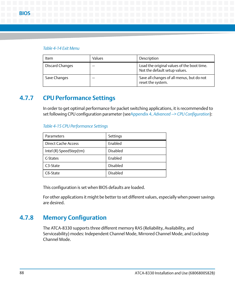 7 cpu performance settings, 8 memory configuration, Table 4-15 | Cpu performance settings, Bios | Artesyn ATCA-8330 Installation and Use (April 2015) User Manual | Page 88 / 236
