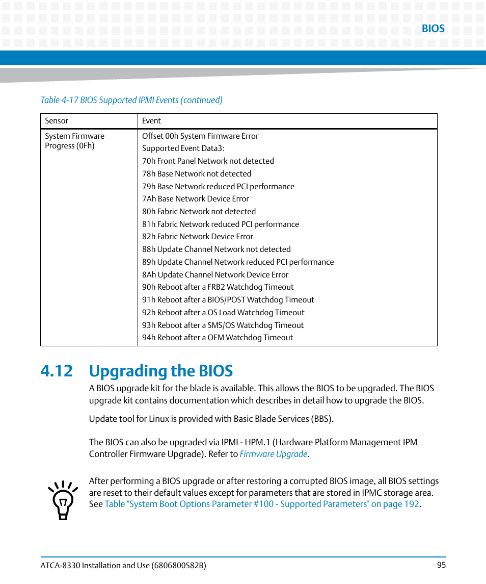 12 upgrading the bios, Bios | Artesyn ATCA-8330 Installation and Use (April 2015) User Manual | Page 95 / 236