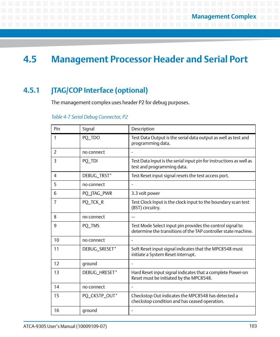 5 management processor header and serial port, 1 jtag/cop interface (optional), Table 4-7 | Serial debug connector, p2, Management complex | Artesyn ATCA-9305 User's Manual (May 2014) User Manual | Page 103 / 270