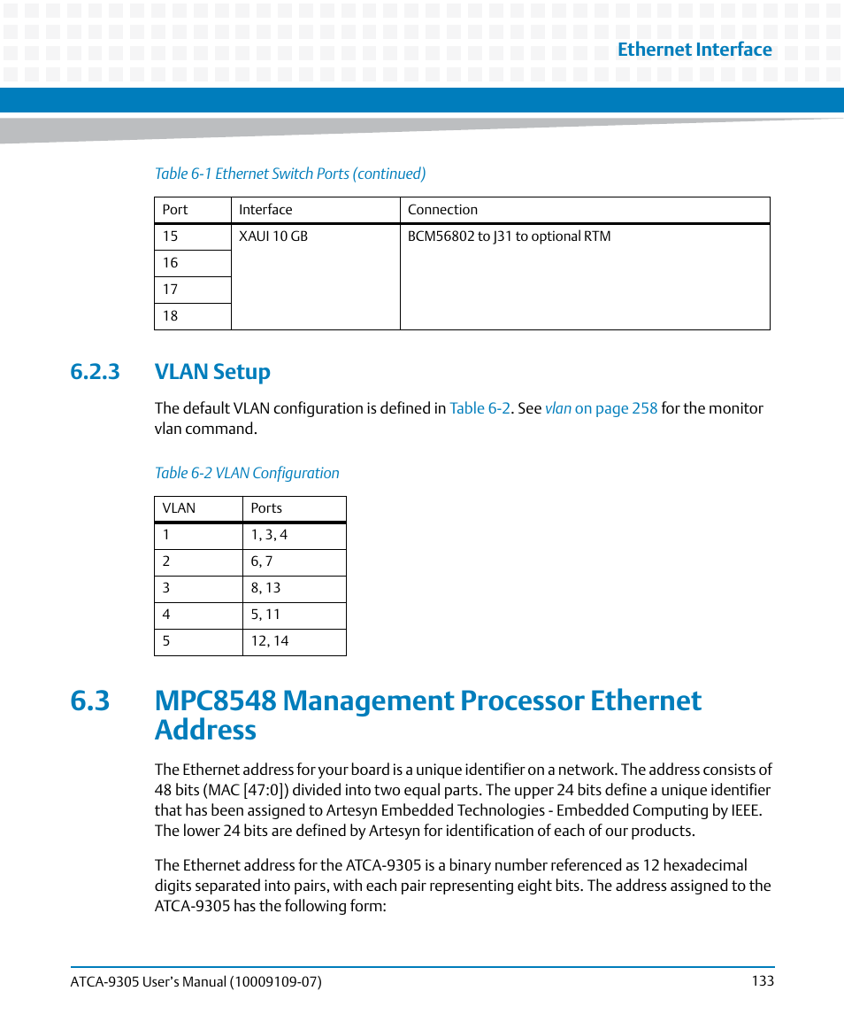 3 vlan setup, 3 mpc8548 management processor ethernet address, Table 6-2 | Vlan configuration, Ethernet interface | Artesyn ATCA-9305 User's Manual (May 2014) User Manual | Page 133 / 270
