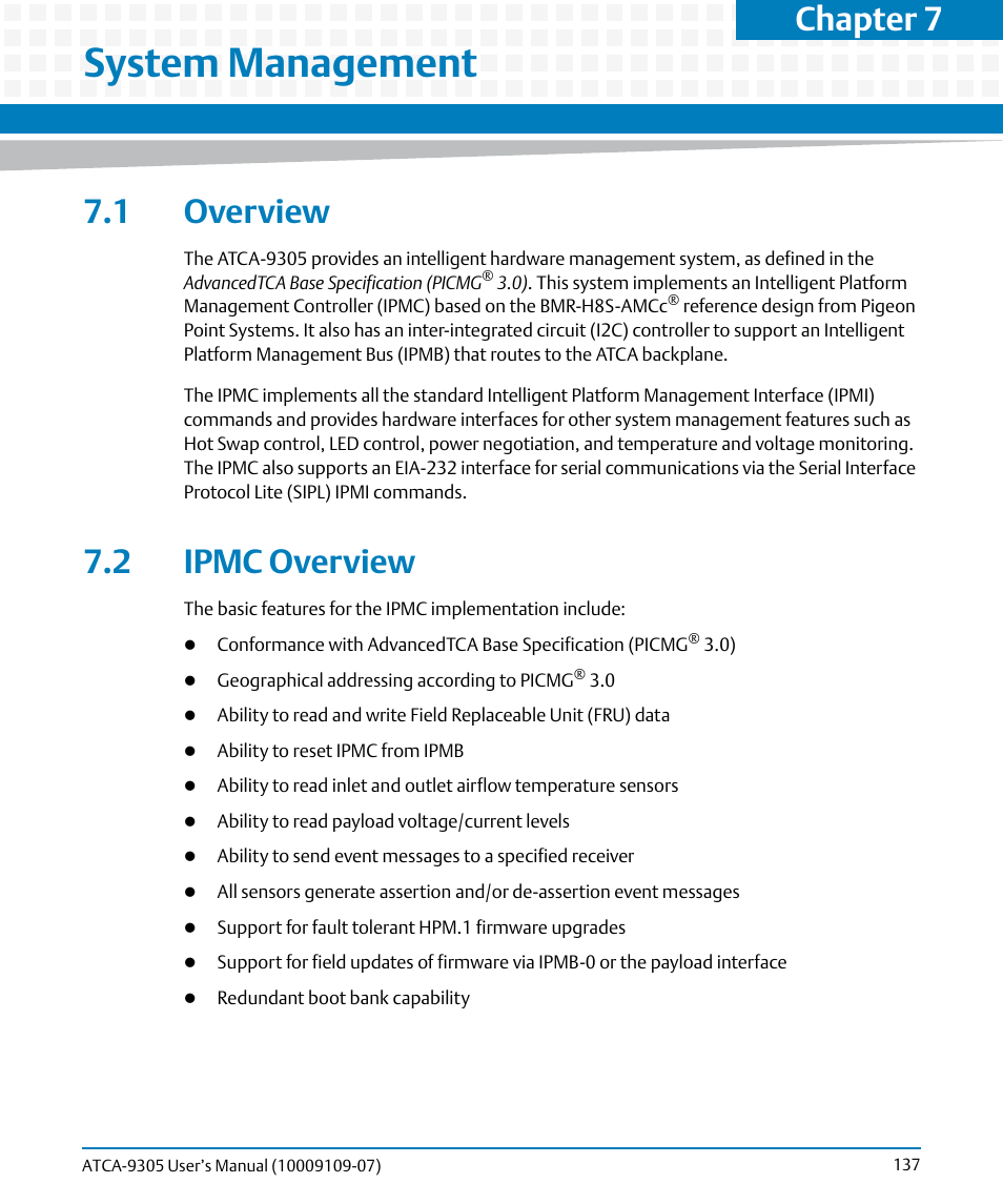 System management, 1 overview, 2 ipmc overview | 1 overview 7.2 ipmc overview, Chapter 7 | Artesyn ATCA-9305 User's Manual (May 2014) User Manual | Page 137 / 270