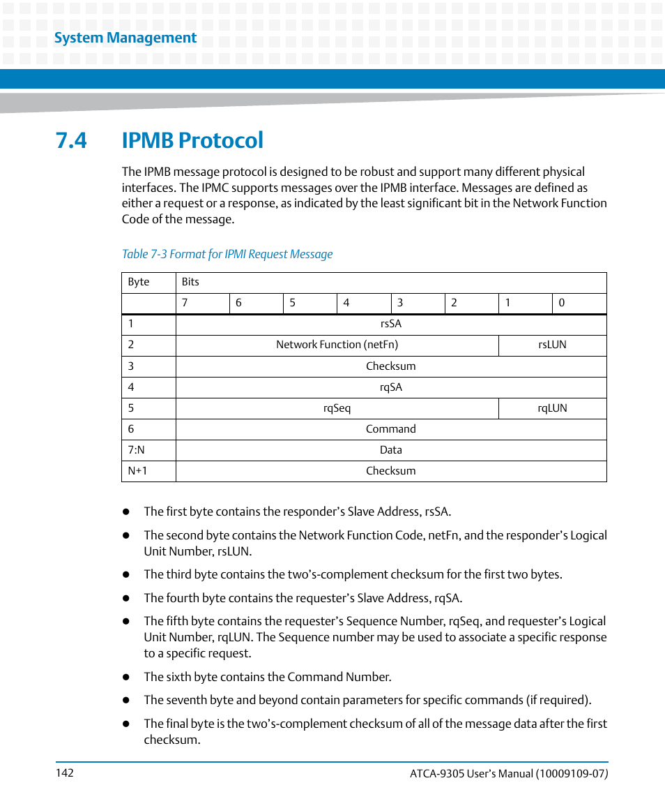 4 ipmb protocol, Table 7-3, Format for ipmi request message | System management | Artesyn ATCA-9305 User's Manual (May 2014) User Manual | Page 142 / 270