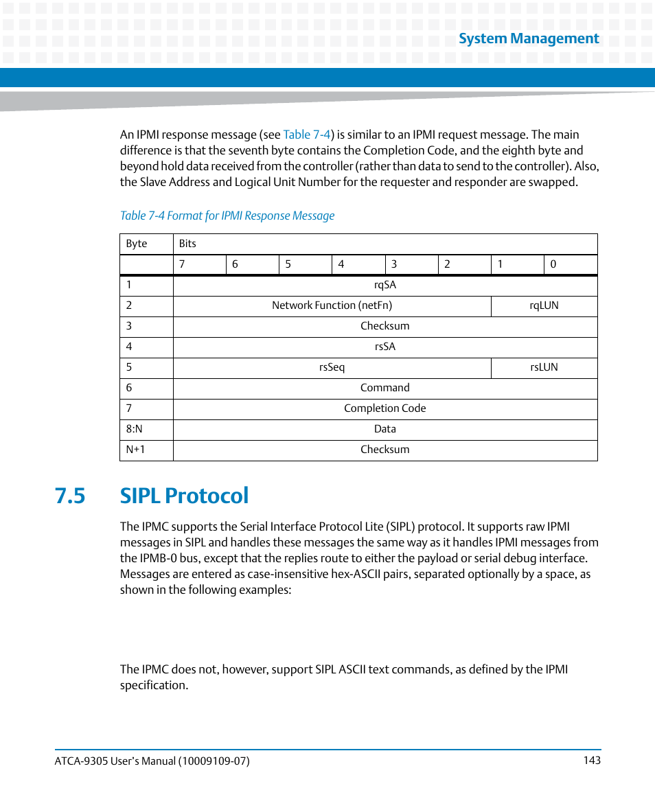 5 sipl protocol, Table 7-4, Format for ipmi response message | System management | Artesyn ATCA-9305 User's Manual (May 2014) User Manual | Page 143 / 270