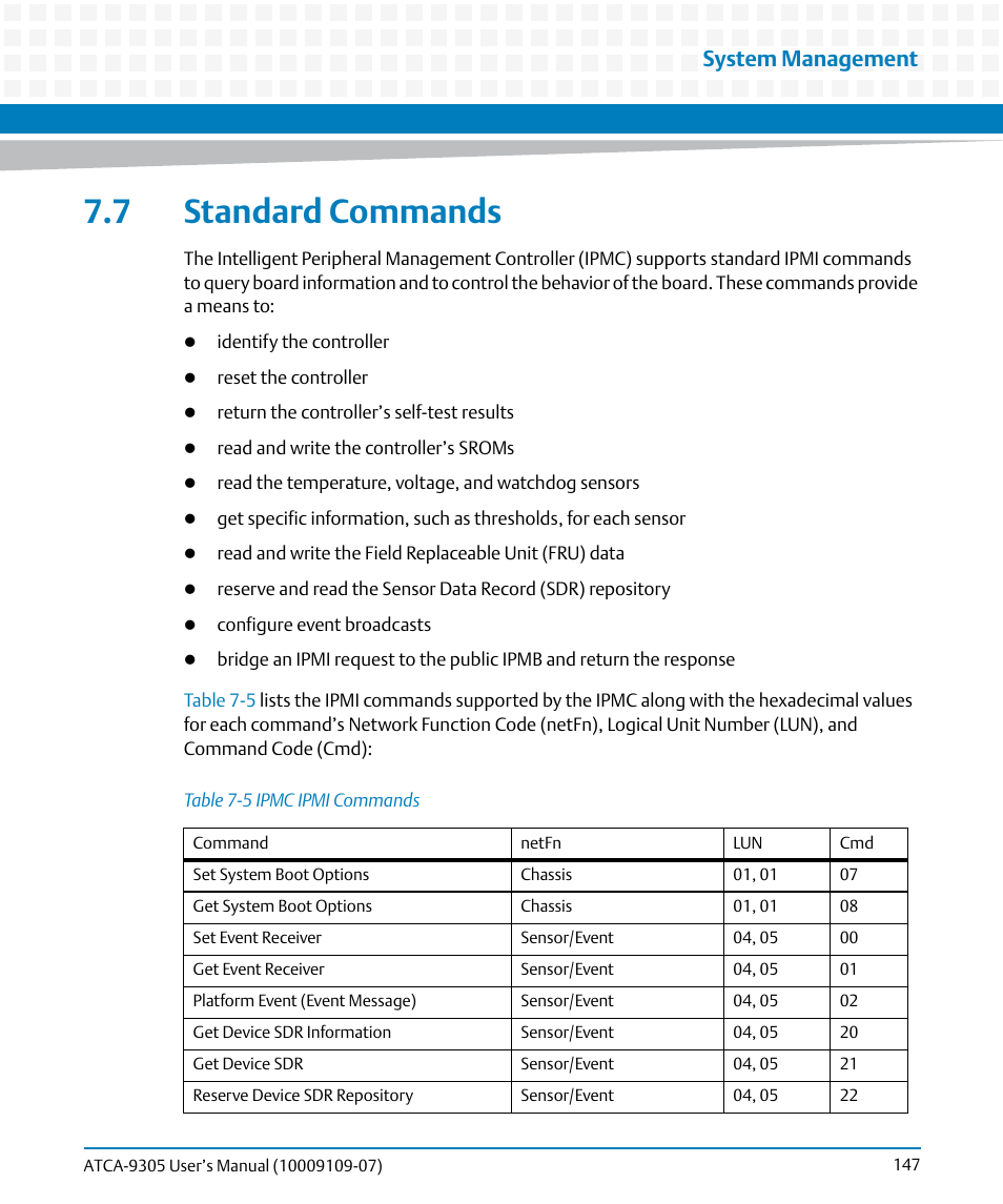 7 standard commands, Table 7-5, Ipmc ipmi commands | System management | Artesyn ATCA-9305 User's Manual (May 2014) User Manual | Page 147 / 270