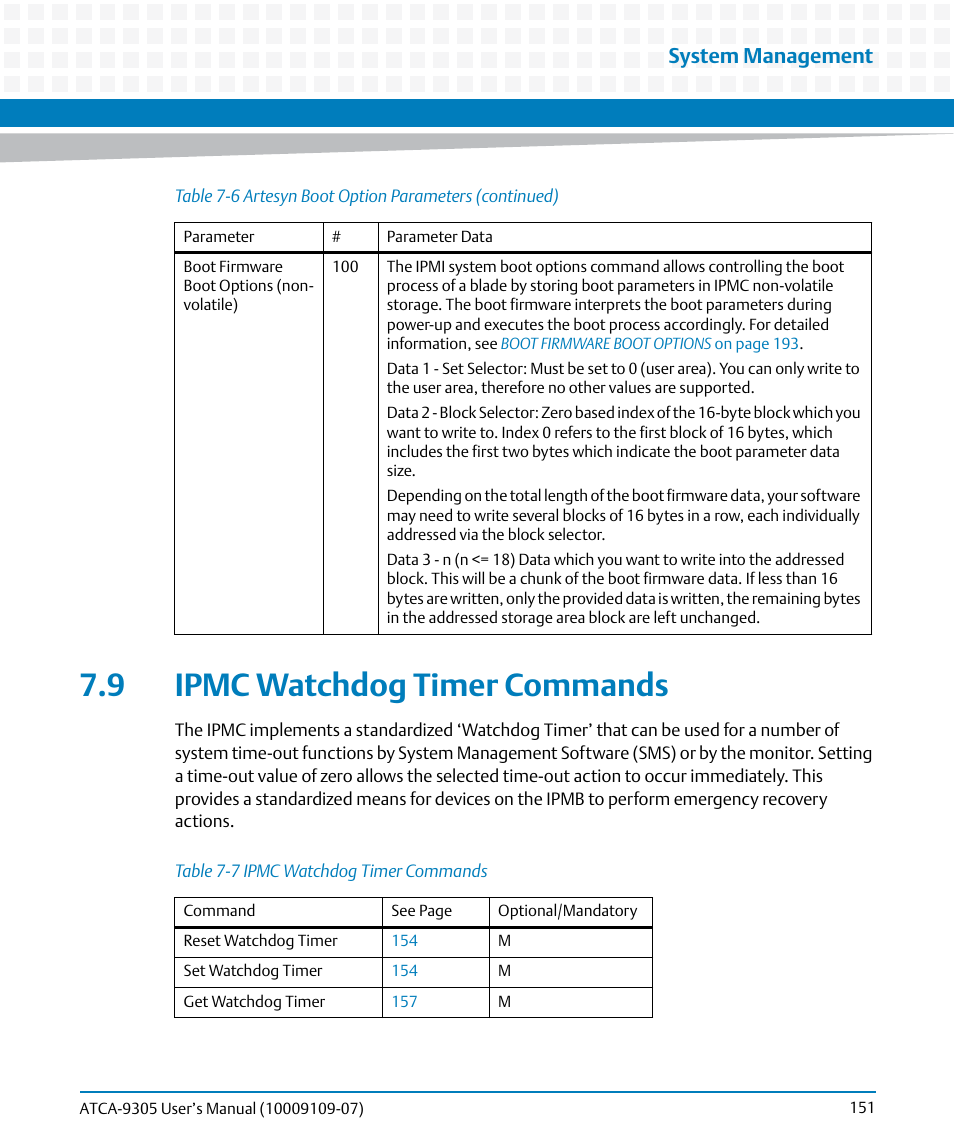 9 ipmc watchdog timer commands, Table 7-7, Ipmc watchdog timer commands | System management | Artesyn ATCA-9305 User's Manual (May 2014) User Manual | Page 151 / 270