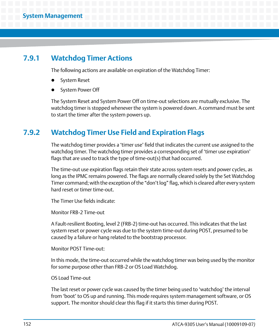 1 watchdog timer actions, 2 watchdog timer use field and expiration flags | Artesyn ATCA-9305 User's Manual (May 2014) User Manual | Page 152 / 270