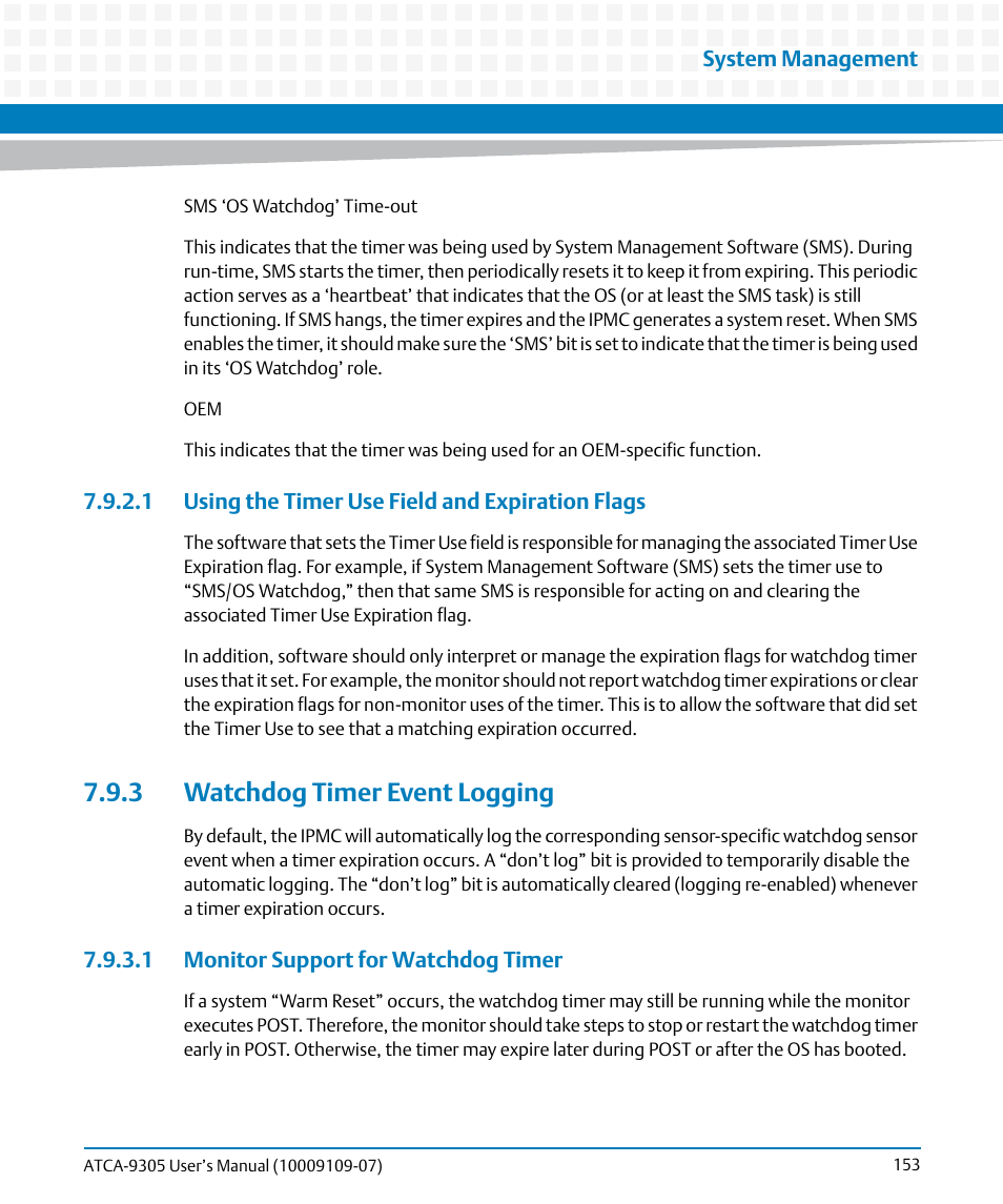 1 using the timer use field and expiration flags, 3 watchdog timer event logging, 1 monitor support for watchdog timer | Artesyn ATCA-9305 User's Manual (May 2014) User Manual | Page 153 / 270