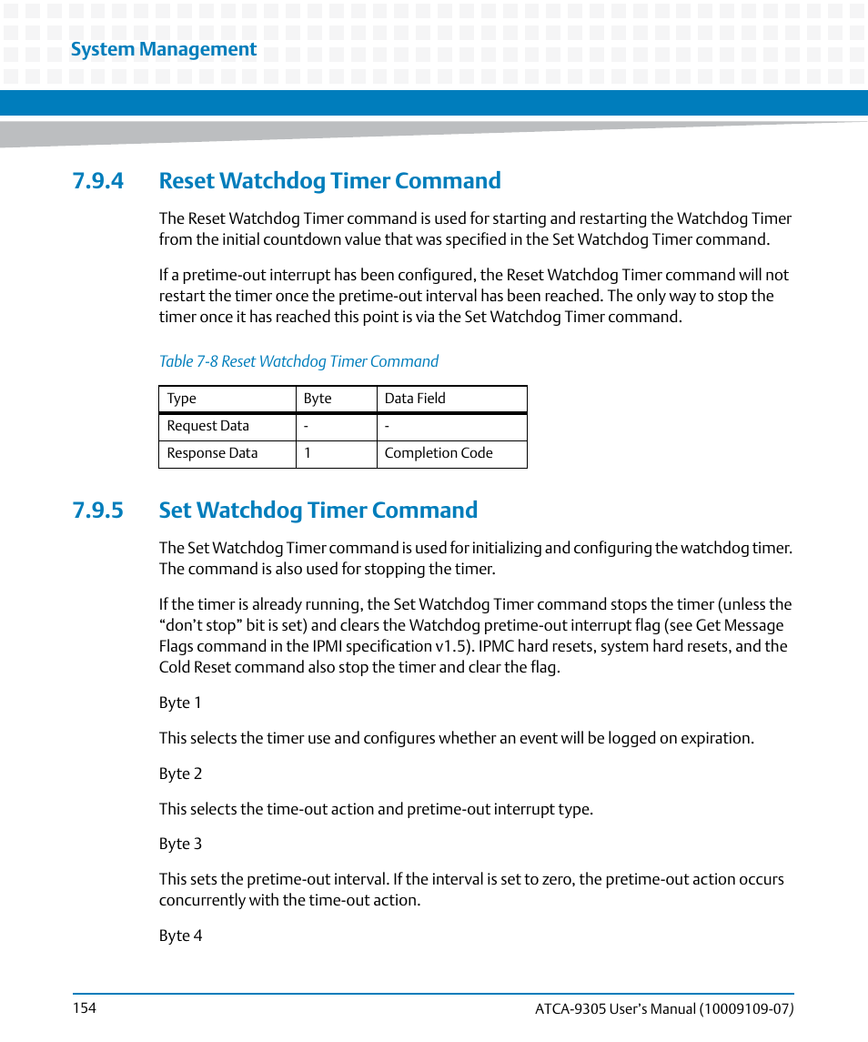 4 reset watchdog timer command, 5 set watchdog timer command, Table 7-8 | Reset watchdog timer command, System management | Artesyn ATCA-9305 User's Manual (May 2014) User Manual | Page 154 / 270