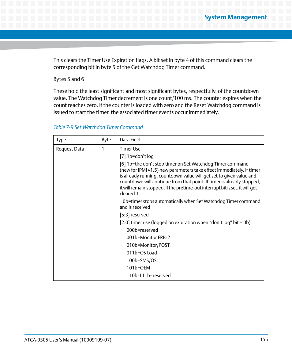 Table 7-9, Set watchdog timer command, System management | Artesyn ATCA-9305 User's Manual (May 2014) User Manual | Page 155 / 270