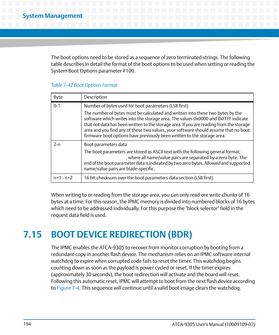 15 boot device redirection (bdr), Table 7-42, Boot options format | Boot device redirection (bdr), Tion in one bank. see, Boot, Device redirection (bdr), System management | Artesyn ATCA-9305 User's Manual (May 2014) User Manual | Page 194 / 270