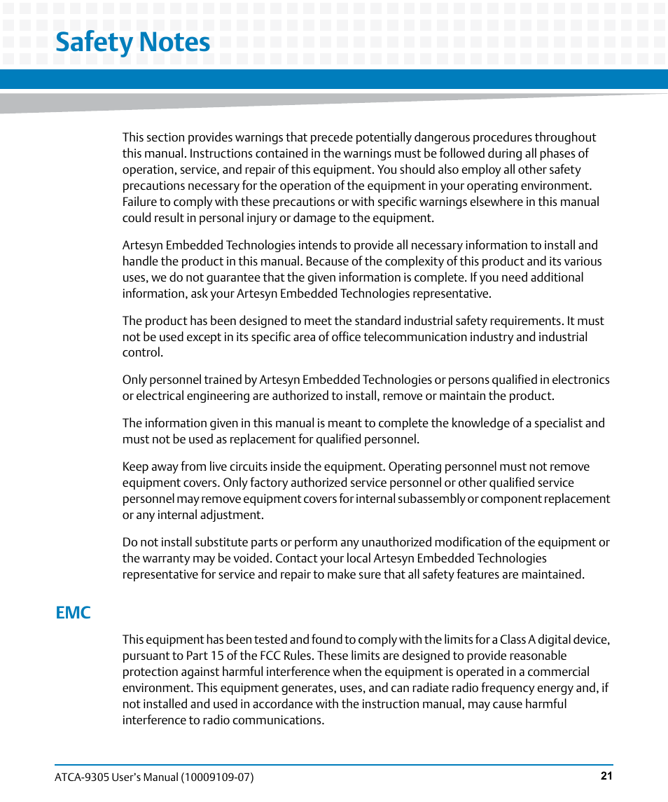 Safety notes | Artesyn ATCA-9305 User's Manual (May 2014) User Manual | Page 21 / 270