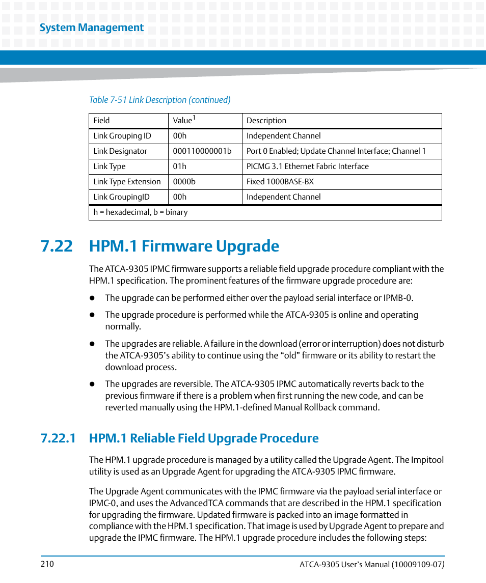 22 hpm.1 firmware upgrade, 1 hpm.1 reliable field upgrade procedure, System management | Artesyn ATCA-9305 User's Manual (May 2014) User Manual | Page 210 / 270