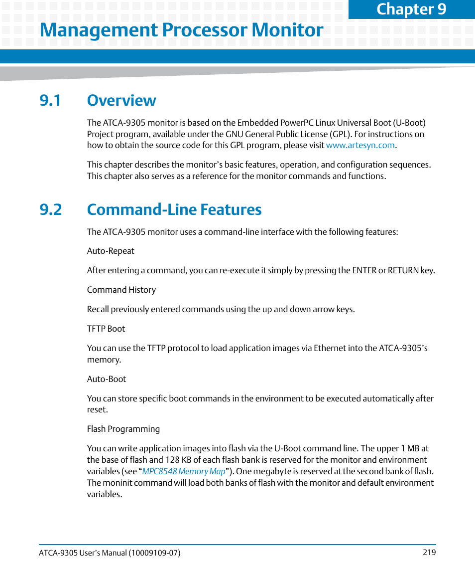 Management processor monitor, 1 overview, 2 command-line features | 1 overview 9.2 command-line features, Chapter 9, management processor monitor, Chapter 9 | Artesyn ATCA-9305 User's Manual (May 2014) User Manual | Page 219 / 270