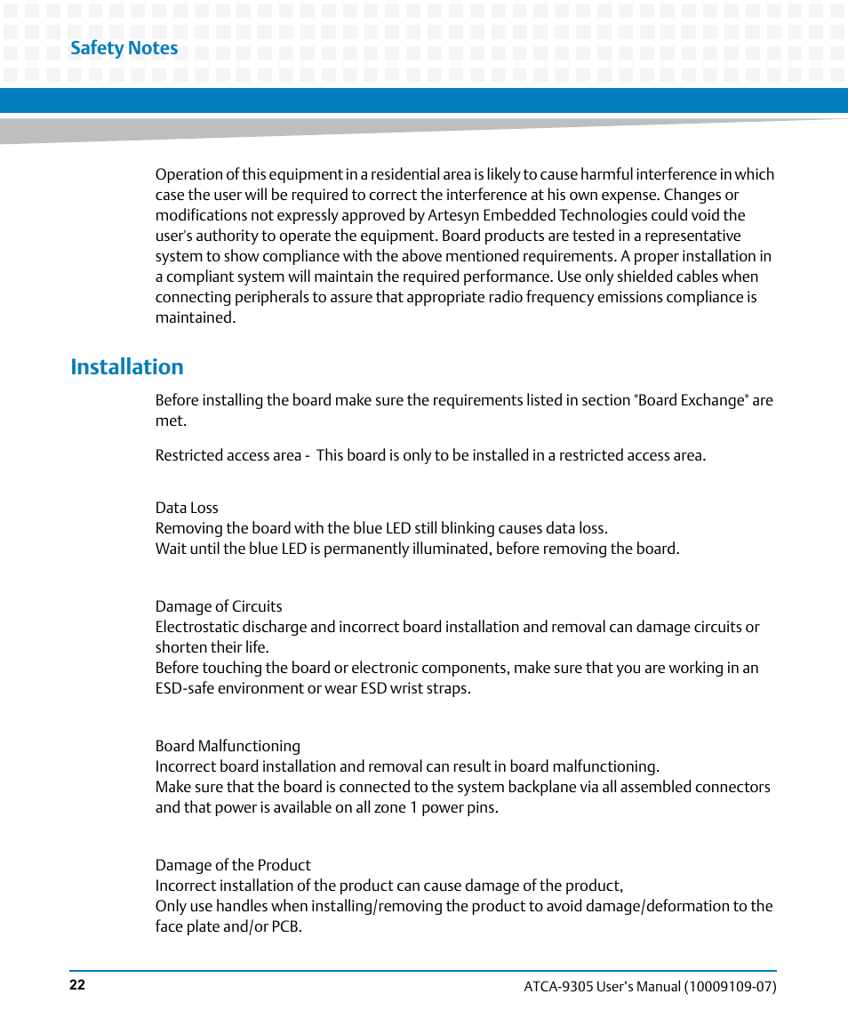 Installation | Artesyn ATCA-9305 User's Manual (May 2014) User Manual | Page 22 / 270