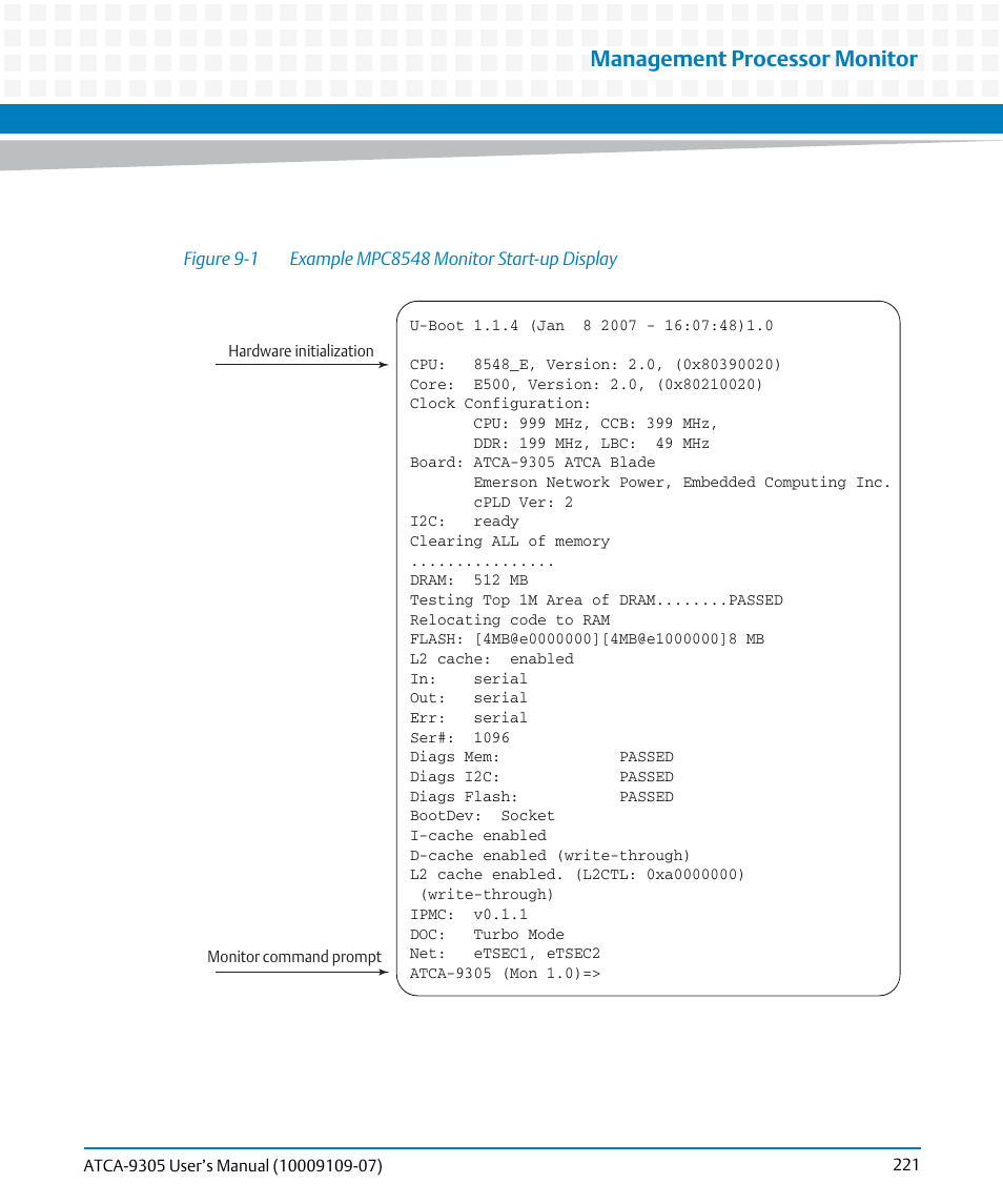 Figure 9-1, Example mpc8548 monitor start-up display, During the po | Management processor monitor | Artesyn ATCA-9305 User's Manual (May 2014) User Manual | Page 221 / 270