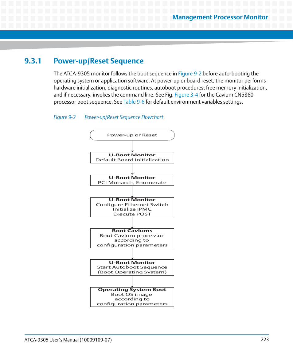 1 power-up/reset sequence, Figure 9-2, Power-up/reset sequence flowchart | Management processor monitor | Artesyn ATCA-9305 User's Manual (May 2014) User Manual | Page 223 / 270
