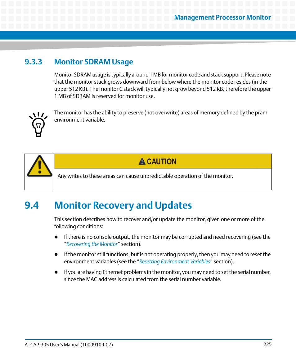 3 monitor sdram usage, 4 monitor recovery and updates | Artesyn ATCA-9305 User's Manual (May 2014) User Manual | Page 225 / 270