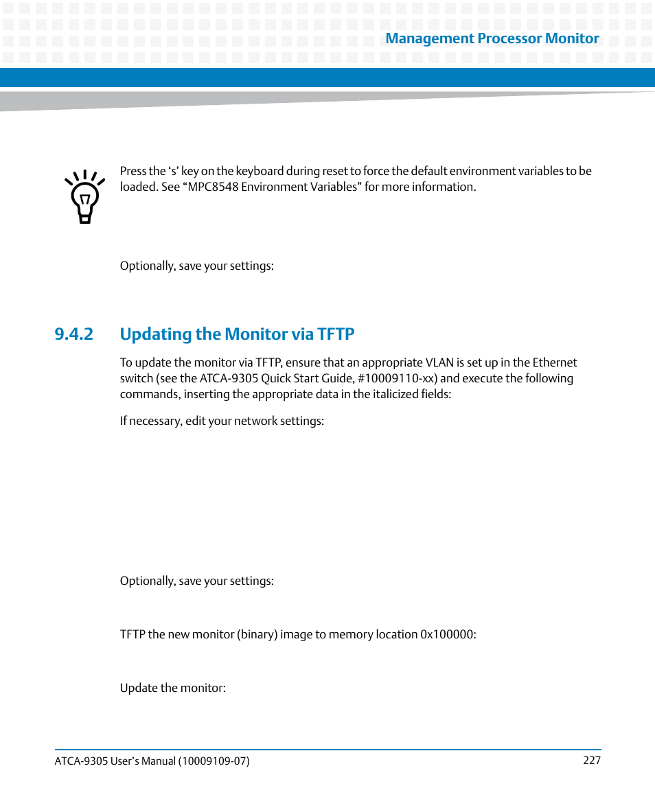 2 updating the monitor via tftp | Artesyn ATCA-9305 User's Manual (May 2014) User Manual | Page 227 / 270
