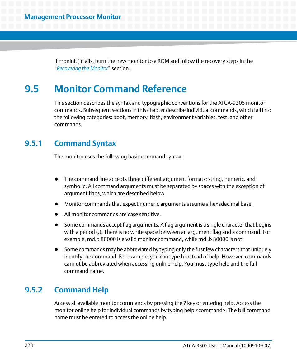 5 monitor command reference, 1 command syntax, 2 command help | Artesyn ATCA-9305 User's Manual (May 2014) User Manual | Page 228 / 270