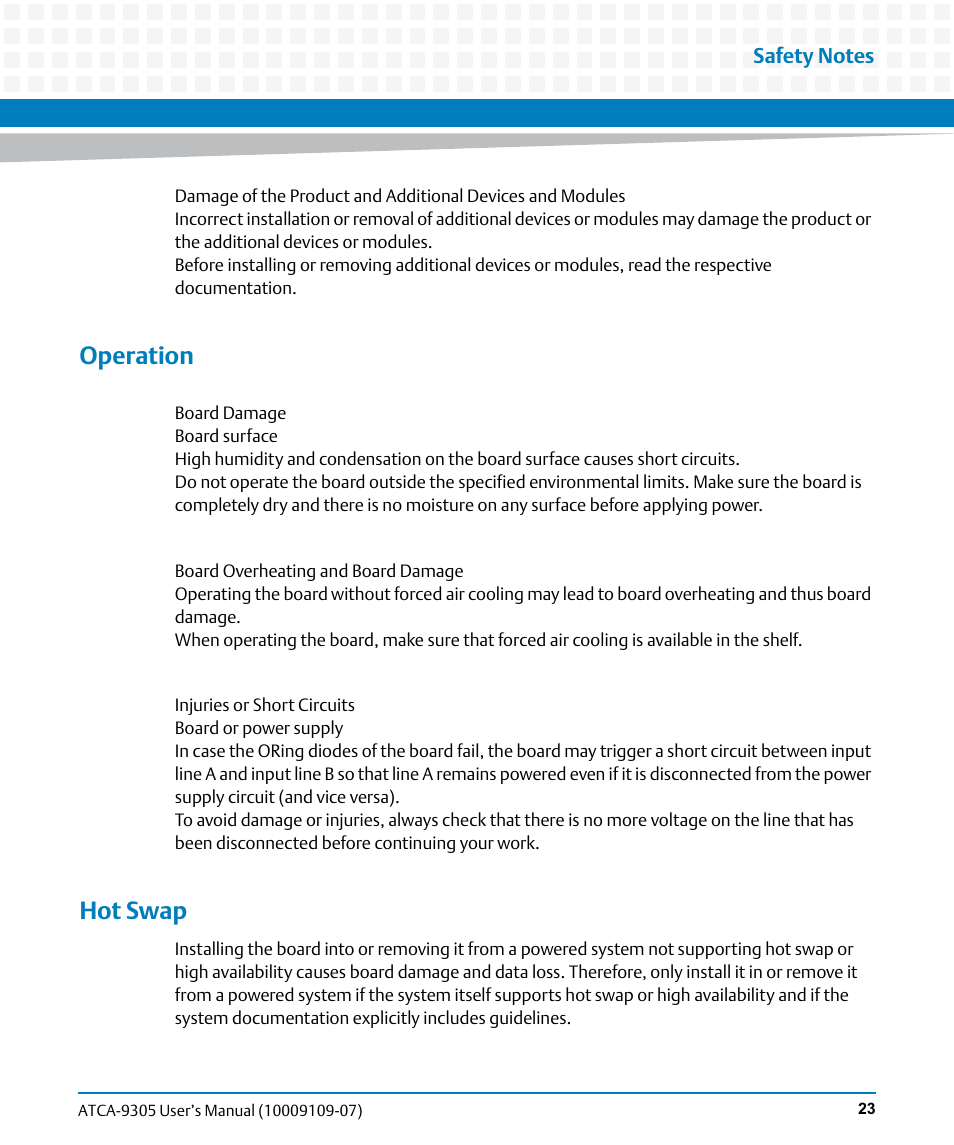 Operation, Hot swap | Artesyn ATCA-9305 User's Manual (May 2014) User Manual | Page 23 / 270