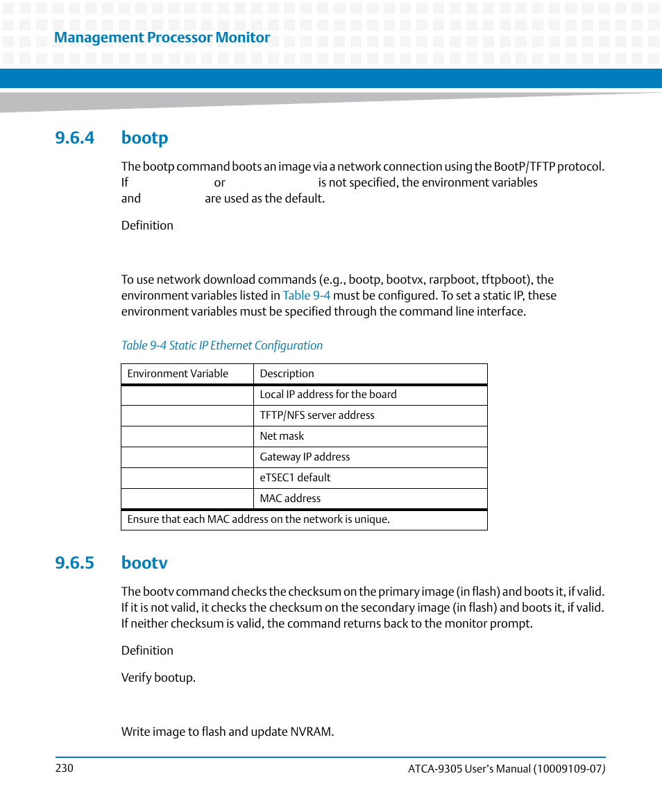4 bootp, 5 bootv, 4 bootp 9.6.5 bootv | Table 9-4, Static ip ethernet configuration, Management processor monitor | Artesyn ATCA-9305 User's Manual (May 2014) User Manual | Page 230 / 270