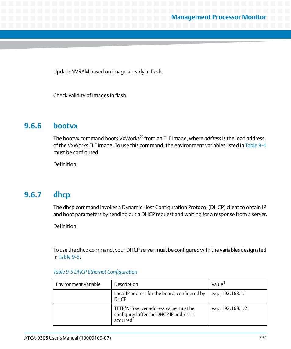 6 bootvx, 7 dhcp, 6 bootvx 9.6.7 dhcp | Table 9-5, Dhcp ethernet configuration, Management processor monitor | Artesyn ATCA-9305 User's Manual (May 2014) User Manual | Page 231 / 270
