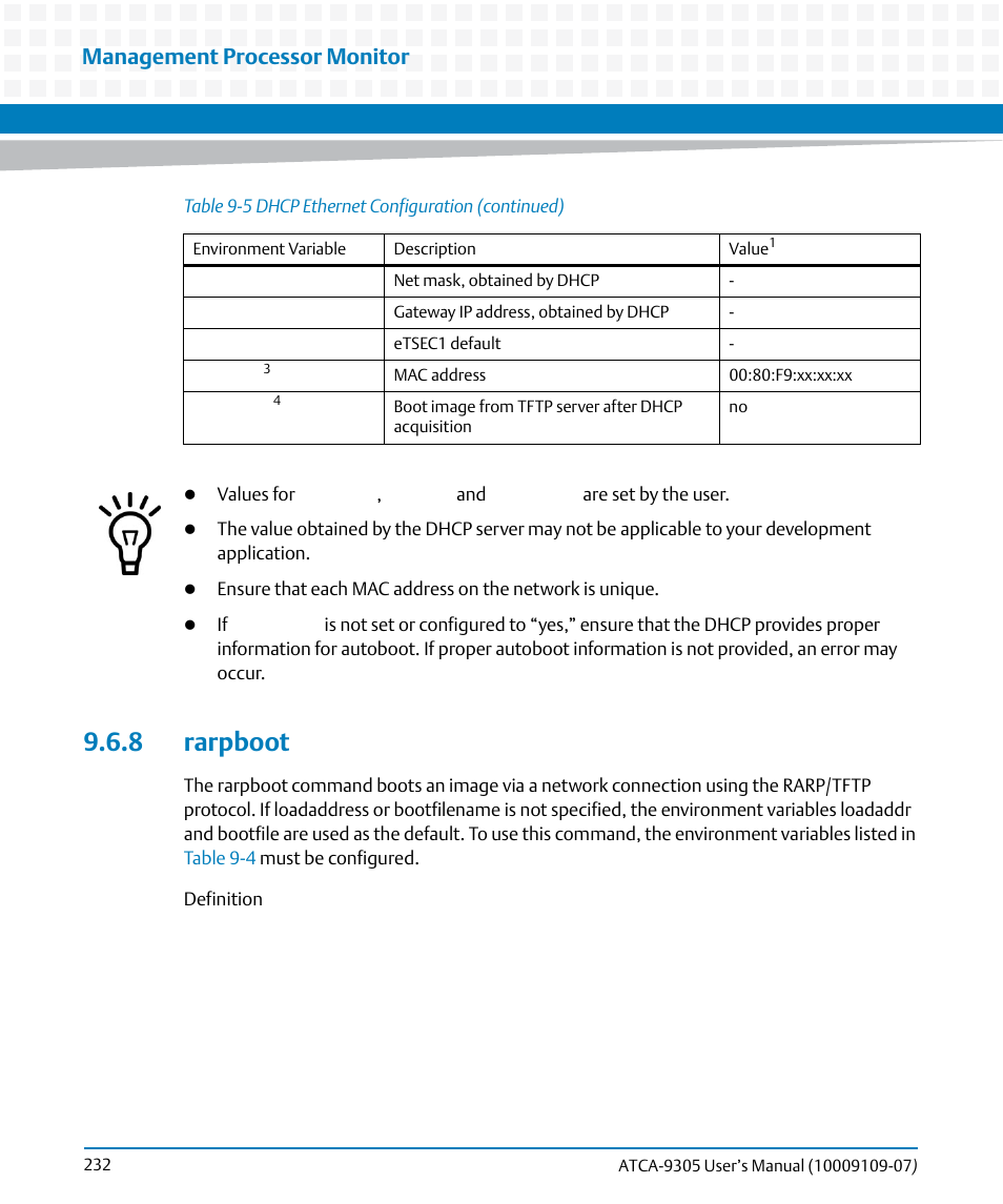 8 rarpboot, Management processor monitor | Artesyn ATCA-9305 User's Manual (May 2014) User Manual | Page 232 / 270
