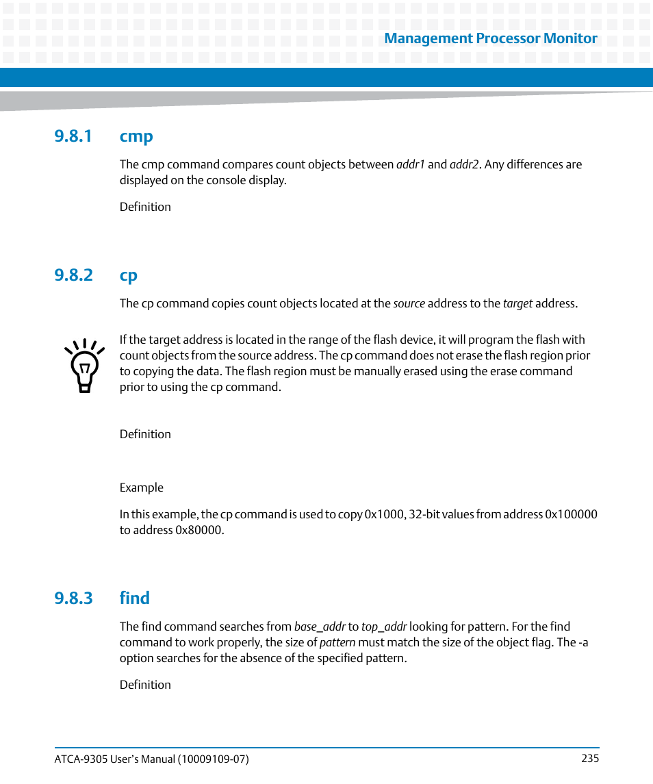1 cmp, 2 cp, 3 find | 1 cmp 9.8.2 cp 9.8.3 find | Artesyn ATCA-9305 User's Manual (May 2014) User Manual | Page 235 / 270