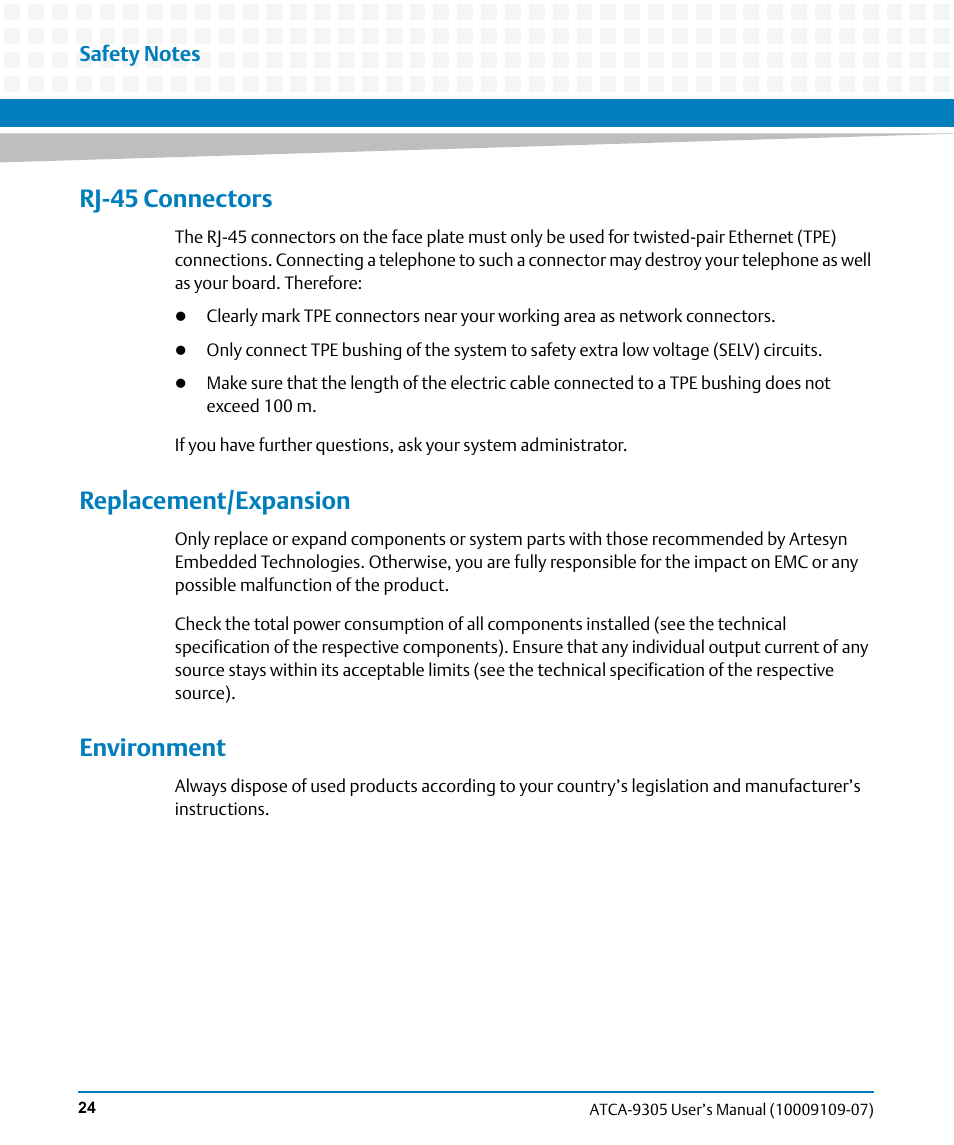 Rj-45 connectors, Replacement/expansion, Environment | Artesyn ATCA-9305 User's Manual (May 2014) User Manual | Page 24 / 270