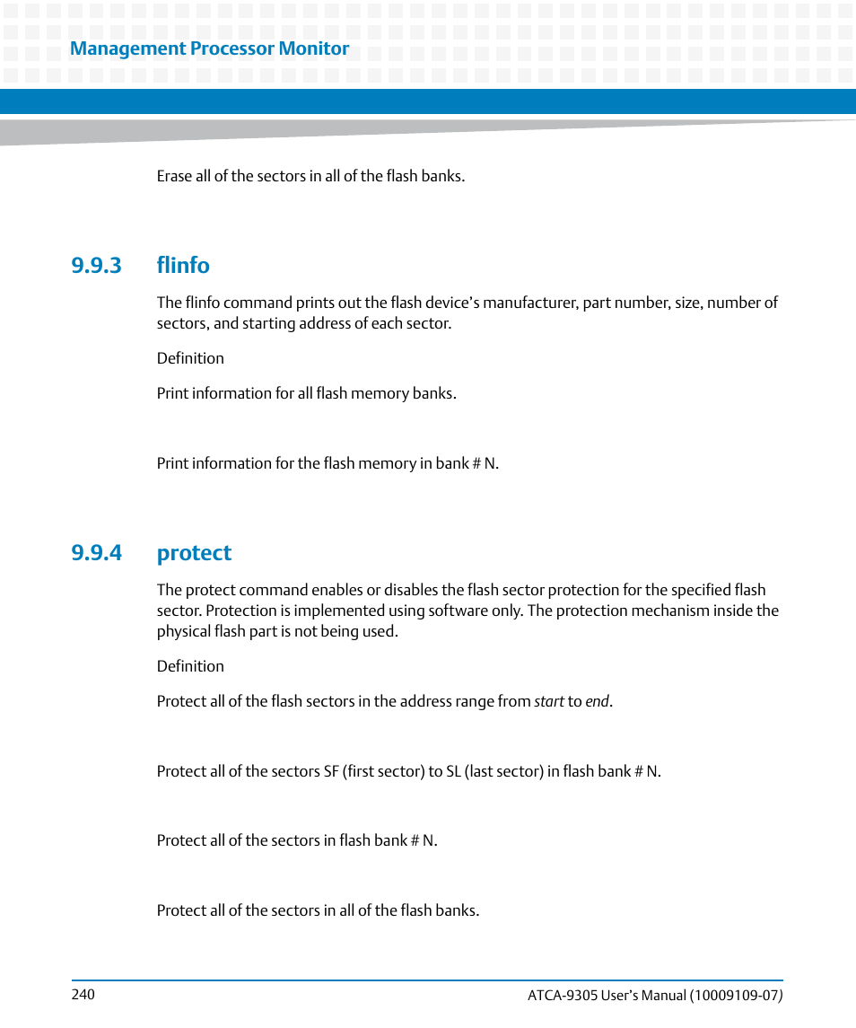 3 flinfo, 4 protect, 3 flinfo 9.9.4 protect | Artesyn ATCA-9305 User's Manual (May 2014) User Manual | Page 240 / 270